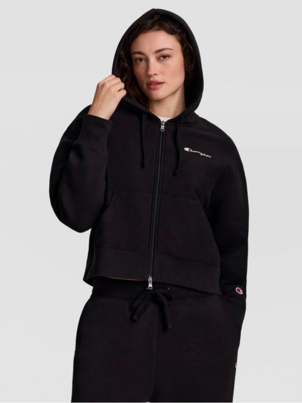 Champion Women’s Cropped Script Logo Two Way -Zip Up Hoodie